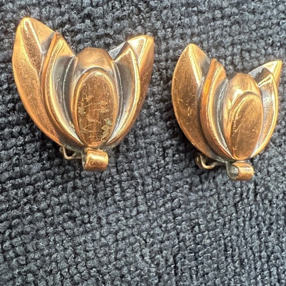 Vintage Renoir Copper Clip Earrings Leaves READ‎